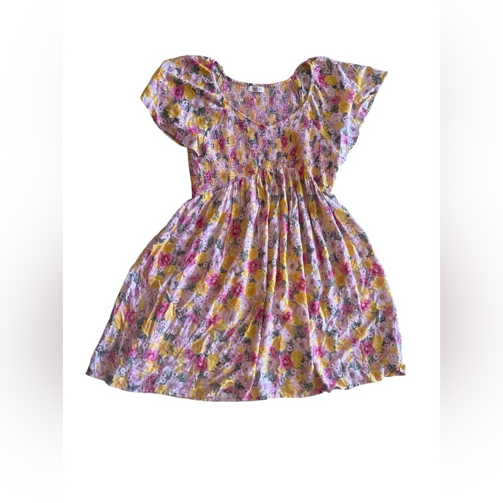 Jolie & Joy Women's Pink Yellow Flowy Ruffle Floral Smocked Mini Dress Size 2X